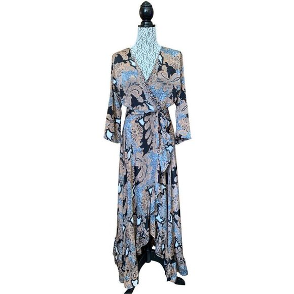 Cienna Vintage Silk Blend Paisley Print Wrap Maxi Dress Black Multi Size M - Picture 1 of 12